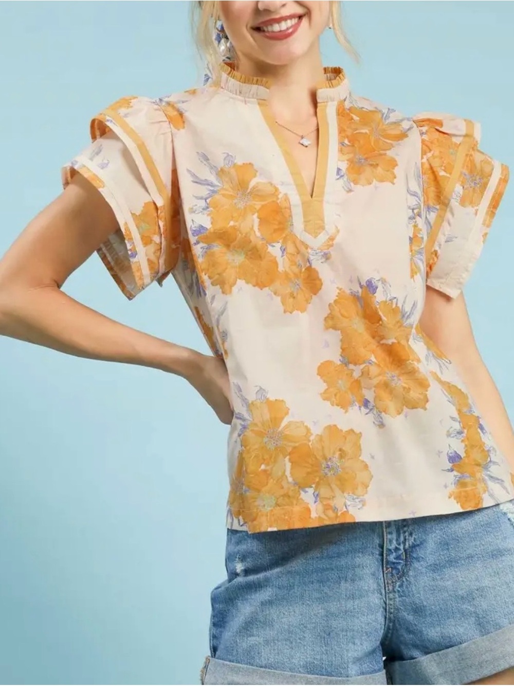 Umgee Cream Floral Top with Yellow Blossoms